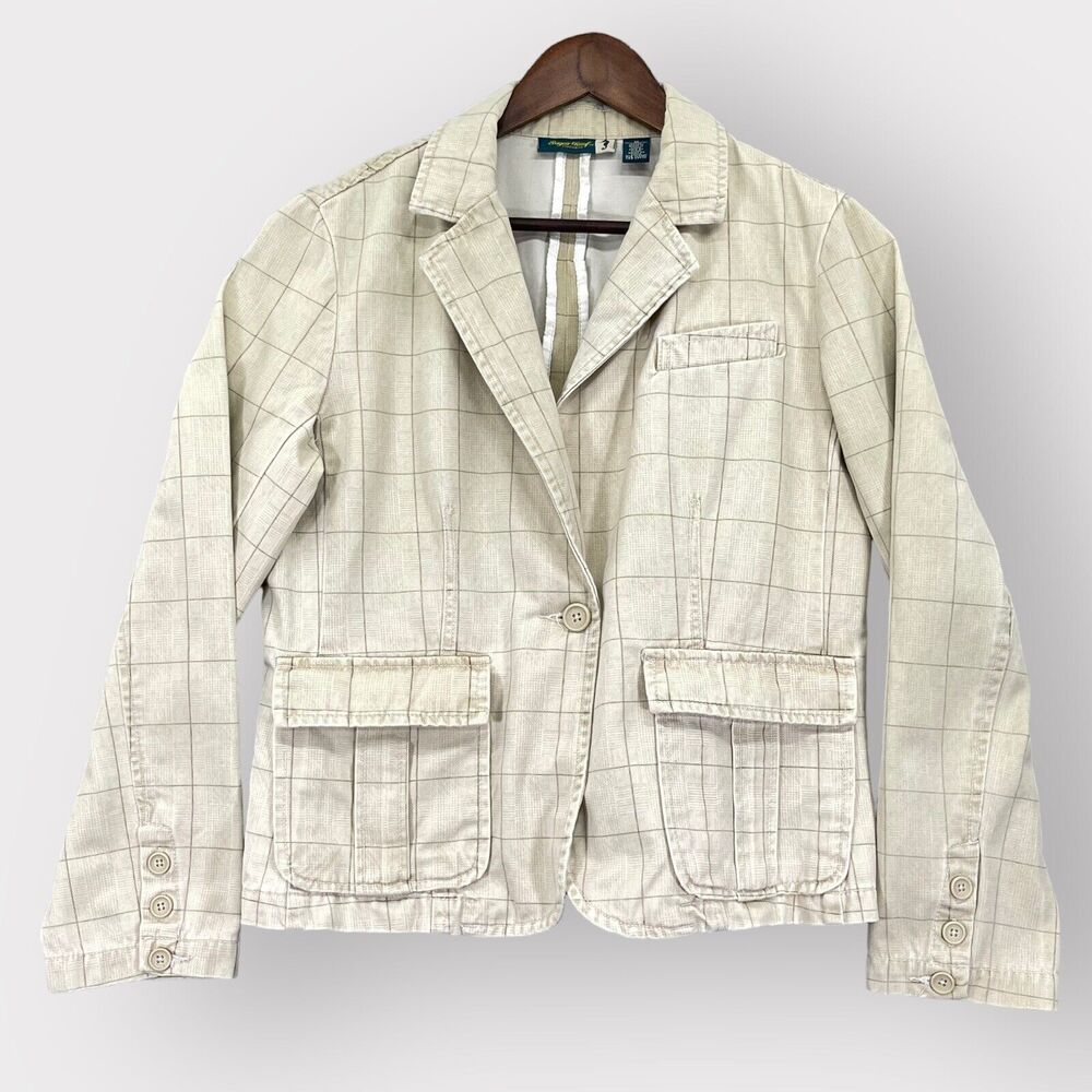 Sugar Reef Casual Sport Blazer Jacket Women M Beige Vanilla Check Cotton Pockets